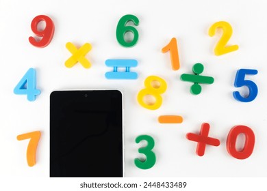 Smartphone and numbers. Image of math study app