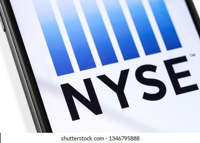 Smartphone With NYSE Logo On The Screen. NYSE (New York Stock Exchange) Is An American Stock Exchange. Moscow, Russia - March 17, 2019