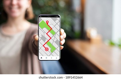 Smartphone With Opened Gps Navigation Online Maps On Screen In Female Hand. Unrecognizable Woman Using Modern Application For Planning Routes And Location Tracking, Creative Collage