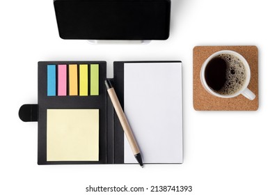Smartphone, personal organiser and coffee cup isolated on white background - Shutterstock ID 2138741393