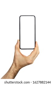 Smartphone (phone) empty screen in a hand. Black smartphone isolated on white background. Blank phone screen for image and design. - Shutterstock ID 1627882144