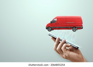 Smartphone And Red Minibus On A Light Background. Delivery Concept, Online Ordering, Phone Application, Moving. Delivery By Car To Anywhere