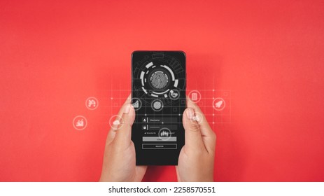 smartphone scanning digital processing of biometric identification fingerprint scanner. concept of surveillance and security scanning of digital programs, protecting personal data