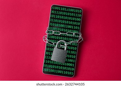 A smartphone with a screen displaying binary code, secured with a chain and a lock. A concept of internet and virtual security. - Powered by Shutterstock - Get 15% off with code: PIKWIZARD15