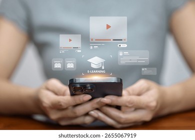 Smartphone screen with e-learning interface and video lessons, concept of mobile education and online training courses.