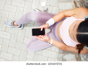 Smartphone Screen, Fitness Mockup And Woman Check Online App For Exercise Goal Progress In City Or Park Ground. Sports Runner Using Phone For Social Media Post, Update Or Workout Results Outdoor