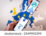 Smartphone screens displaying euro symbol and transfer icon over map of Europe, symbolizing The Instant Payments Regulation tand Ensuring euro money transfers arrive within ten seconds