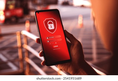 Smartphone security system. concept of technology protecting access to personal data and online financial transactions. with secure identification and password.