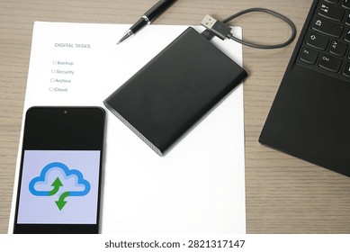 A smartphone showing cloud syncing, resting on a checklist for 