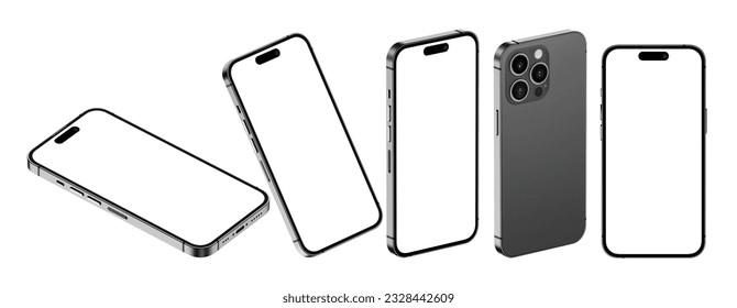 Smartphone side view. 
Phone view in front. 
Phone 14 back side.
The smartphone is on a white background. Phone screen.
3d render Mockup mobile. 