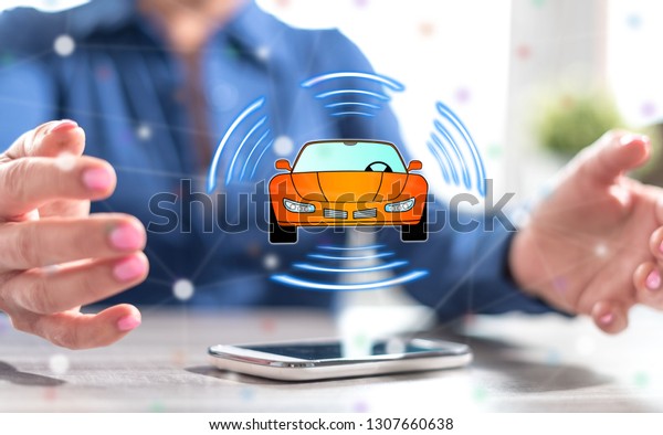 Smartphone with smart car concept between\
hands of a woman in\
background