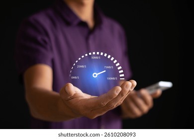 Smartphone speed test held in hand and virtual screen of internet speed measurement. Internet and technology concept. High speed internet concept. - Powered by Shutterstock - Get 15% off with code: PIKWIZARD15