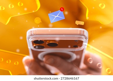 Smartphone surrounded glowing speech bubbles, notification icons and email alert in dynamic golden light. Captures constant connectivity, digital communication overload and vibrant mobile lifestyle