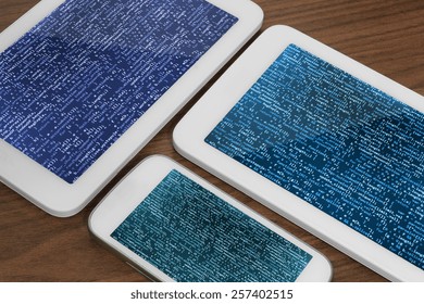 Smartphone tablet app developer screen. Office deviece on wooden desk. Digital technology background. Programming code abstract screen of software developer. Computer script, function.