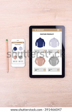 Smartphone and tablet with ecommerce website screen