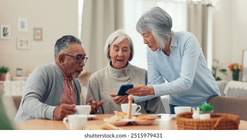 Smartphone, tea and senior friends at table for funny meme, snacks and retirement together in house. Group, surprise and man with elderly women for breakfast, happiness and excited with smile - Powered by Shutterstock