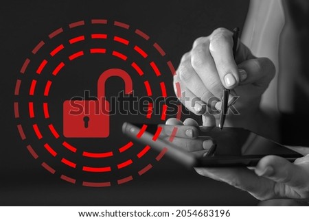 smartphone unblocking concept. Open padlock sign next to phone. Removing protection from phone. Entering password for cellphone to unlock. Phone hacking metaphor. Opening protection in phone