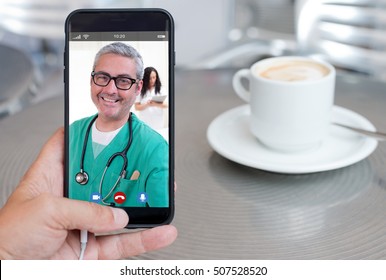 Smartphone Video Call To Talk With Your Doctor Drinking Coffee