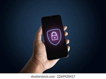 a smartphone with virtual lock system icon symbol. cybersecurity concept