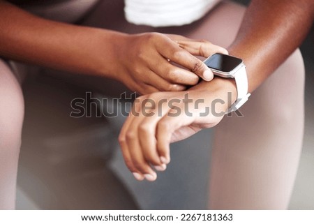 Smartwatch, check or hands with time for fitness progress, heart rate or gps for running training exercise. Sports, athlete or black woman reading timer on smart watch ai or workout performance stats
