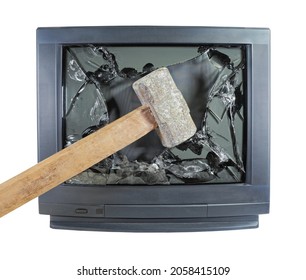 Smashed Old Kinescope Television. Big Sledgehammer Smashes Old TV. Broken Monitor