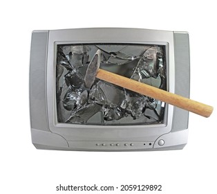 Smashed Old Kinescope Television.  Hammer Smashes Old TV. Broken Monitor