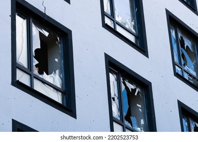 Smashed Window Broken Glass Break. Destroyed Building Broken Frame Window Plastic. Aftermath Bombed Building Window Shatter Glass Damage Building Apartment Insurance Home Damaged House Explosion Gas