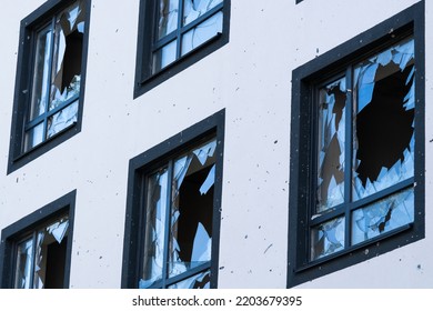 Smashed Window Broken Glass Break. Destroyed Building Broken Frame Window Plastic. Aftermath Bombed Building Window Shatter Glass Damage Building Apartment Insurance Home Damaged House Explosion Gas