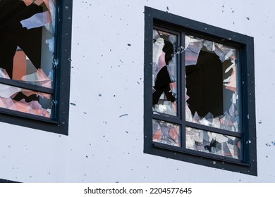 Smashed Window Broken Glass Break. Destroyed Building Broken Frame Window Plastic. Aftermath Bombed Building Window Shatter Glass Damage Building Apartment Insurance Home Damaged House Explosion Gas