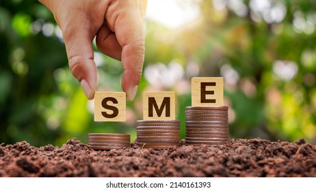 SME Startup Idea Hands puts a wooden block labeled SME on a pile of money growing from the ground.