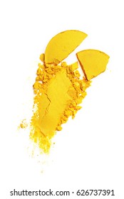 Smear Of Crushed Yellow Eye Shadow As Sample Of Cosmetic Product Isolated On White Background