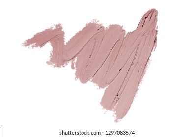 Smear And Texture Of Lipstick Or Acrylic Paint Isolated On White Background. Stroke Of Lipgloss Or Liquid Nail Polish Swatch Smudge Sample. Element For Beauty Cosmetic Design. Dark Red Color