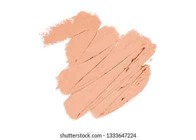 Smear And Texture Of Lipstick Or Acrylic Paint Isolated On White Background. Stroke Of Lipgloss Or Liquid Nail Polish Swatch Smudge Sample. Element For Beauty Cosmetic Design. Orange Color