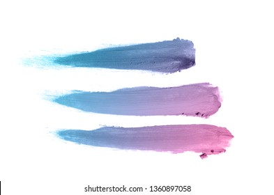 Smear And Texture Of Lipstick Or Acrylic Paint Isolated On White Background. Stroke Of Lipgloss Or Liquid Nail Polish Swatch Smudge Sample. Element For Beauty Cosmetic Design. Violet Blue Color