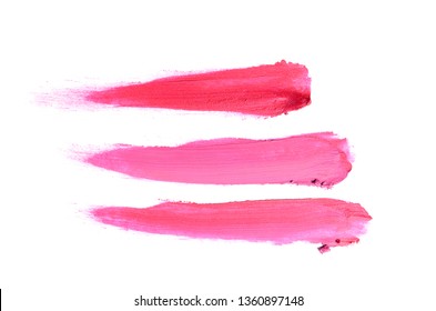 Smear And Texture Of Lipstick Or Acrylic Paint Isolated On White Background. Stroke Of Lipgloss Or Liquid Nail Polish Swatch Smudge Sample. Element For Beauty Cosmetic Design. Magenta Color