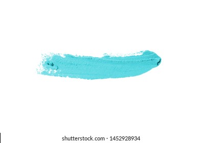 Smear And Texture Of Lipstick Or Acrylic Paint Isolated On White Background. Stroke Of Lipgloss Or Liquid Nail Polish Swatch Smudge Sample. Element For Beauty Cosmetic Design. Light Blue Color