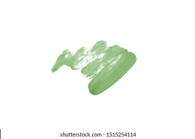 Smear And Texture Of Lipstick Or Acrylic Paint Isolated On White Background. Stroke Of Lipgloss Or Liquid Nail Polish Swatch Smudge Sample. Element For Beauty Cosmetic Design. Dark Green Color