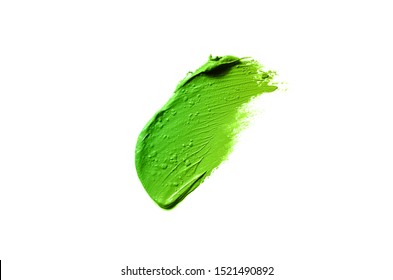 Smear And Texture Of Lipstick Or Acrylic Paint Isolated On White Background. Stroke Of Lipgloss Or Liquid Nail Polish Swatch Smudge Sample. Element For Beauty Cosmetic Design. Green Yellow Color