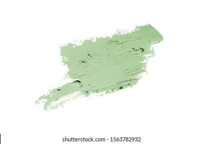 Smear And Texture Of Lipstick Or Acrylic Paint Isolated On White Background. Stroke Of Lipgloss Or Liquid Nail Polish Swatch Smudge Sample. Element For Beauty Cosmetic Design. Dark Green Color