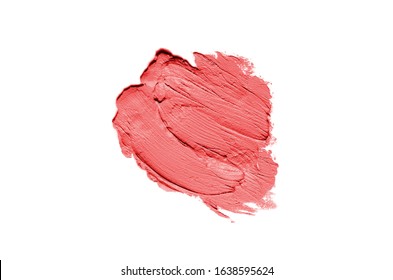 Smear And Texture Of Lipstick Or Acrylic Paint Isolated On White Background. Stroke Of Lipgloss Or Liquid Nail Polish Swatch Smudge Sample. Element For Beauty Cosmetic Design. Red Color