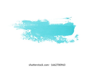 Smear And Texture Of Lipstick Or Acrylic Paint Isolated On White Background. Stroke Of Lipgloss Or Liquid Nail Polish Swatch Smudge Sample. Element For Beauty Cosmetic Design. Light Blue Color