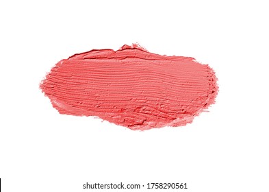 Smear And Texture Of Lipstick Or Acrylic Paint Isolated On White Background. Stroke Of Lipgloss Or Liquid Nail Polish Swatch Smudge Sample. Element For Beauty Cosmetic Design. Red Color