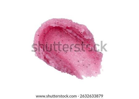 Smear texture of pink raspberry scrub isolated on white background. Fruit exfoliation scrubber for body and face in SPA. Body care scrub for design.