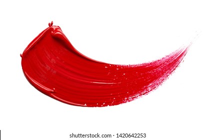 Smear And Texture Of Red Lipstick Or Acrylic Paint Isolated On White Background.