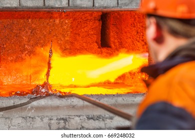 Smelter Near Melting Furnace With Molten Aluminum, Foundry, Russia