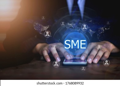 SME,SMEs (or Small And Medium Enterprises), Along With Personal Network Icons And Hand-held Shopping. Element Of This Image Furnished By Nasa
