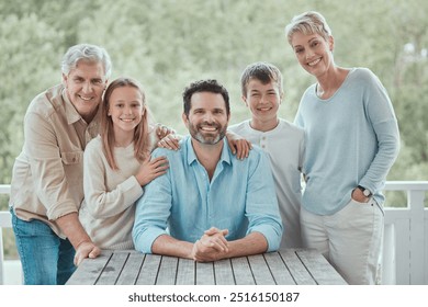 Smile, backyard or portrait of big family in home on porch to relax with love, support or care together. Group, happy or senior grandparents with children siblings for bonding or wellness in Scotland - Powered by Shutterstock