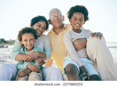 Smile, beach and portrait of children with grandparents enjoy holiday, summer vacation and weekend. Family, happy and grandpa, grandmother and kids excited for quality time, relax and bonding - Powered by Shutterstock