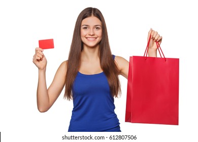 Smile Beautiful Happy Woman Holding Shopping Bag And Showing Blank Credit Card, Sale, Isolated On White Background