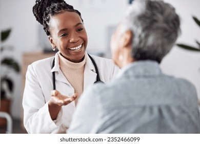 Smile, black woman or doctor consulting a patient in meeting in hospital for healthcare feedback or support. Happy, medical or nurse with a mature person talking or speaking of test results or advice - Powered by Shutterstock